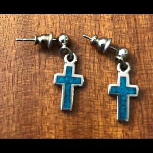 Sterling Silver Turquoise Cross Dangle Earrings